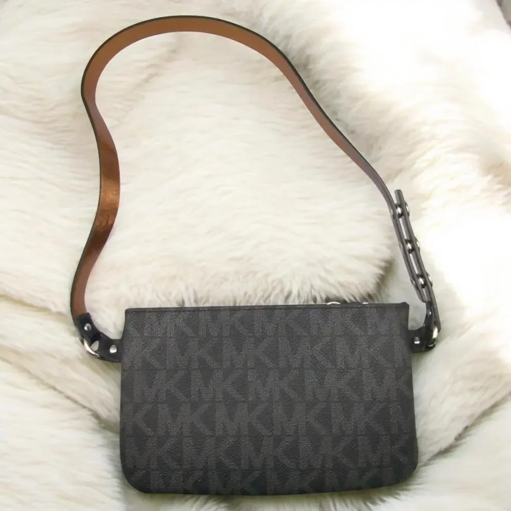 Michael Kors Fanny Jet Set MK Signature Pull Chain Zipper Black Adjustable Strap - Picture 2 of 7